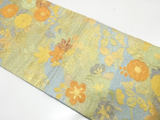 JAPANESE KIMONO / FUKURO OBI FOR FURISODE / SILK / WOVEN MAPLE & AUTUMN PLANTS & UME